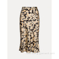 women french daisy printed satin fishtail skirt